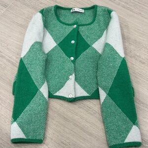 Zara Cropped Green and White Jacquard Cardigan size Small